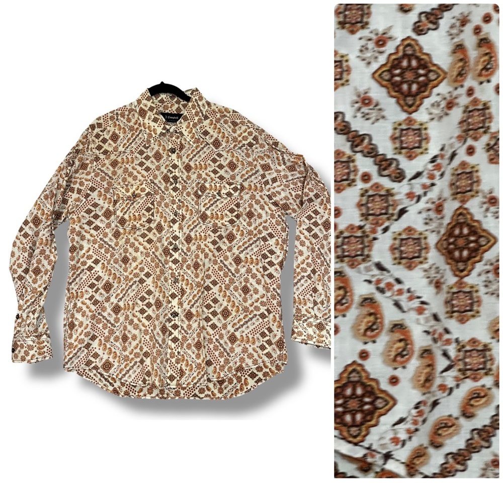 Jeffrey Campbell Button Down Retro 70s V-Yoke Cotton Shirt XL Cream Tan